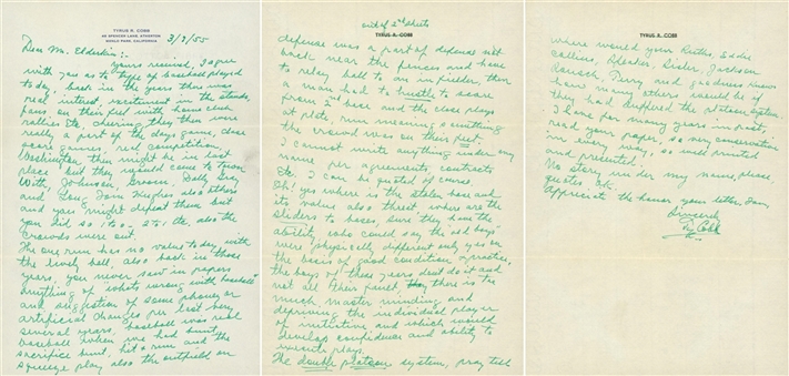 1955 Ty Cobb Handwritten & Signed 3 Page Letter Dated 3/7/1955 "Whats Wrong With Baseball" (JSA)